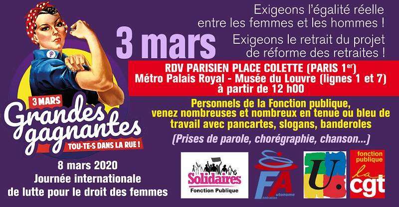 3 mars midi rassemblement unitaire Fonction Publique Place Colette