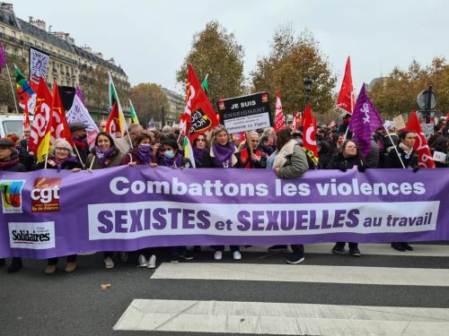 banderole CGT FSU Solidaire s Combattons les violences sexistes et sexuelles au travail